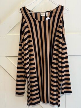 Zenergy by Chico’s Cold Shoulder Striped Blouse Black Tan Size 2 L NWT